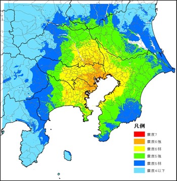 都心南部直下（フィリピン海プレート内）の震度分布（出典：「首都直下地震の被害想定と対策について（最終報告）」