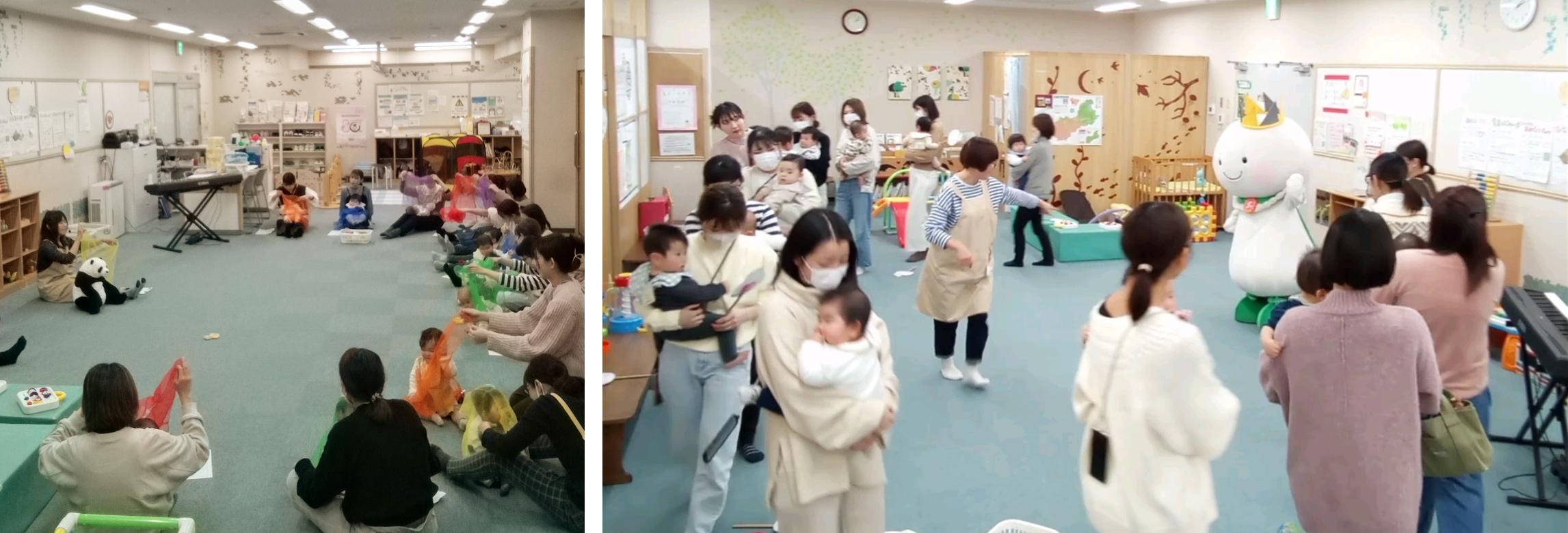 大勢の親がこどもを抱えて交流している写真
