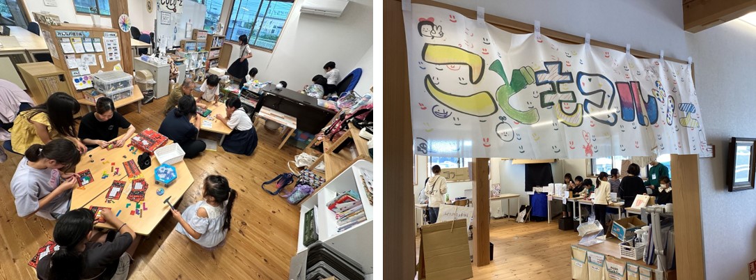こども達が作業をしているようす／こどもマルシェと書かれた暖簾の写真