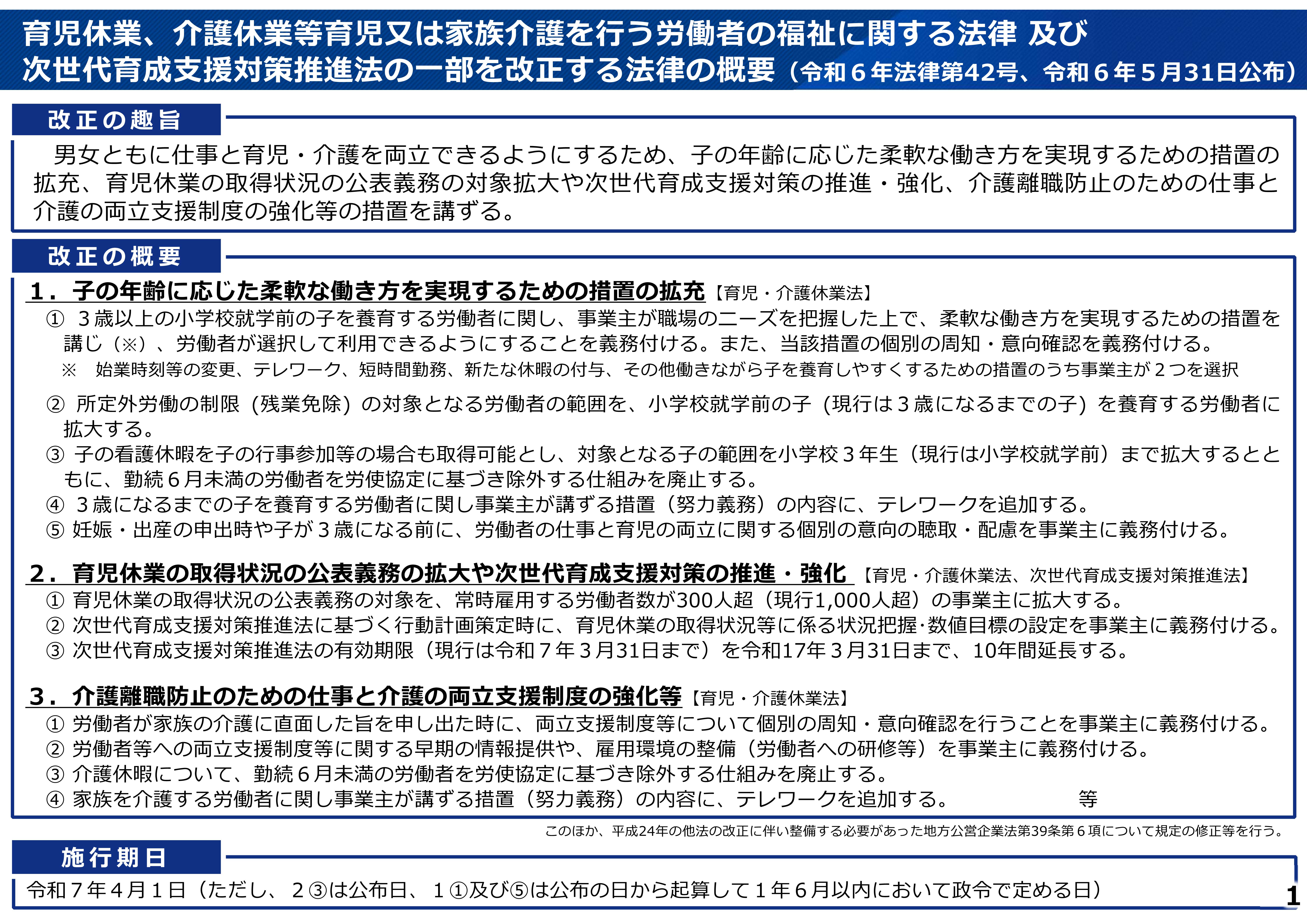育児休業、介護休業等育児又は家族介護を行う労働者の福祉に関する法律及び次世代育成支援対策推進法の一部を改正する法律（概要）