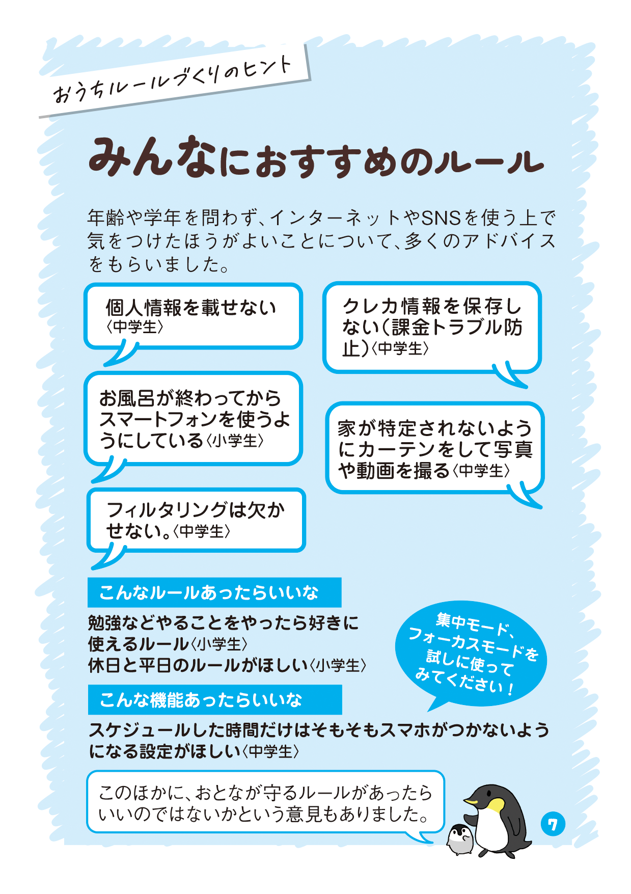 リーフレットの7ページ目の画像です。 （吹き出し：おうちルールづくりのヒント タイトル：みんなにおすすめのルール 本文：年齢や学年を問わず、インターネットやSNSを使う上で気をつけたほうがよいことについて、多くのアドバイスをもらいました。 中学生発言：個人情報を載せない 中学生発言：クレカ情報を保存しない（課金トラブル防止） 小学生発言：お風呂が終わってからスマートフォンを使うようにしている 中学生発言：家が特定されないようにカーテンをして写真や動画を撮る 中学生発言：フィルタリングは欠かせない 説明：こんなルールあったらいいな 小学生発言：勉強などやることをやったら好きに使えるルール 小学生発言：休日と平日のルールがほしい こんな機能あったらいいな 中学生発言：スケジュールした時間だけはそもそもスマホがつかないようになる設定がほしい 有識者発言：集中モード、フォーカスモードを試しに使ってみてください！ 親子ペンギンコメント：このほかに、おとなが守るルールがあったらいいのではないかという意見もありました。）