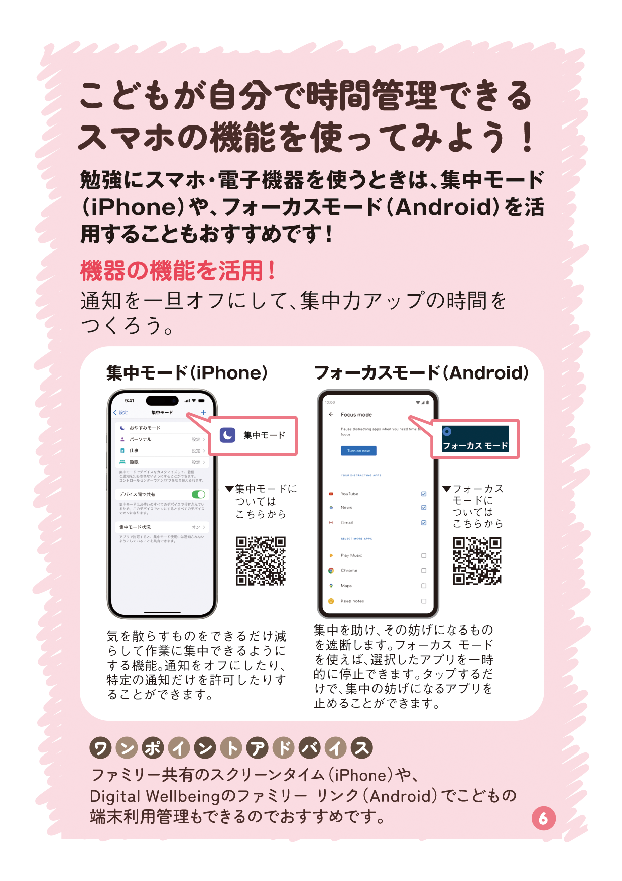 リーフレットの6ページ目の画像です。 （タイトル：こどもが自分で時間管理できるスマホの機能を使ってみよう！ 本文：勉強にスマホ・電子機器を使うときは、集中モード（iPhone）や、フォーカスモード（Android）を活用することもおすすめです！機器の機能を活用！通知を一旦オフにして、集中力アップの時間をつくろう。 説明：集中モード（iPhone）気を散らすものをできるだけ減らして作業に集中できるようにする機能。通知をオフにしたり、特定の通知だけを許可したりすることができます。 フォーカスモード（Android）集中を助け、その妨げになるものを遮断します。フォーカス モードを使えば、選択したアプリを一時的に停止できます。タップするだけで、集中の妨げになるアプリを止めることができます。 QRコード：集中モード、フォーカスモード  ワンポイントアドバイス： ファミリー共有のスクリーンタイム（iPhone）や、Digital Wellbeingのファミリー リンク（Android）でこどもの端末利用管理もできるのでおすすめです。）