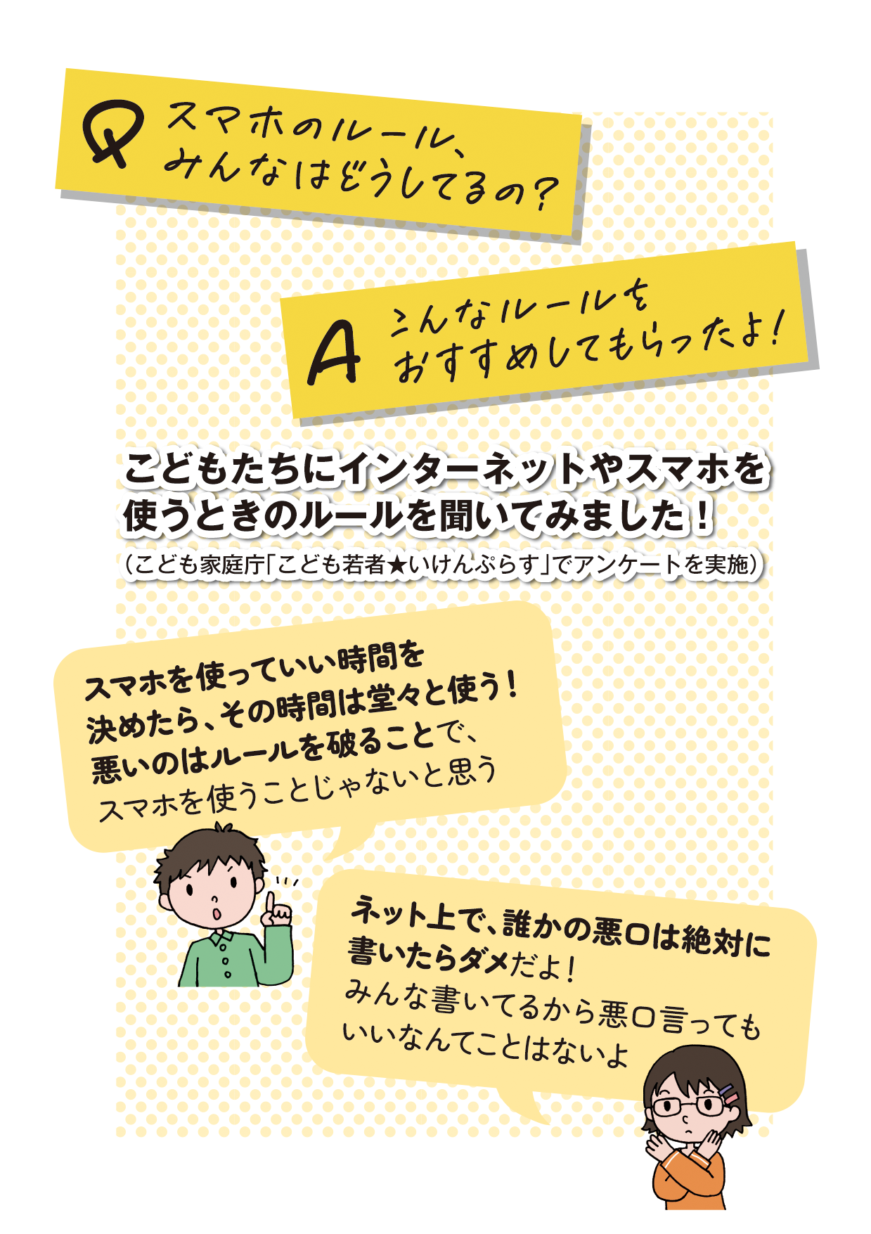 リーフレット表紙画像２です。 （Q（質問）：スマホのルール、みんなはどうしてるの？ A（回答）：こんなルールをおすすめしてもらったよ 表紙画像２テーマ：こどもたちにインターネットやスマホを使うときのルールを聞いてみました！（こども家庭庁「こども若者★いけんぷらす」でアンケートを実施） こどもA発言：スマホを使っていい時間を決めたら、その時間は堂々と使う！悪いのはルールを破ることで、スマホを使うことじゃないと思う こどもB発言：ネット上で、誰かの悪口は絶対に書いたらダメだよ！みんな書いてるから悪口言ってもいいなんてことはないよ）