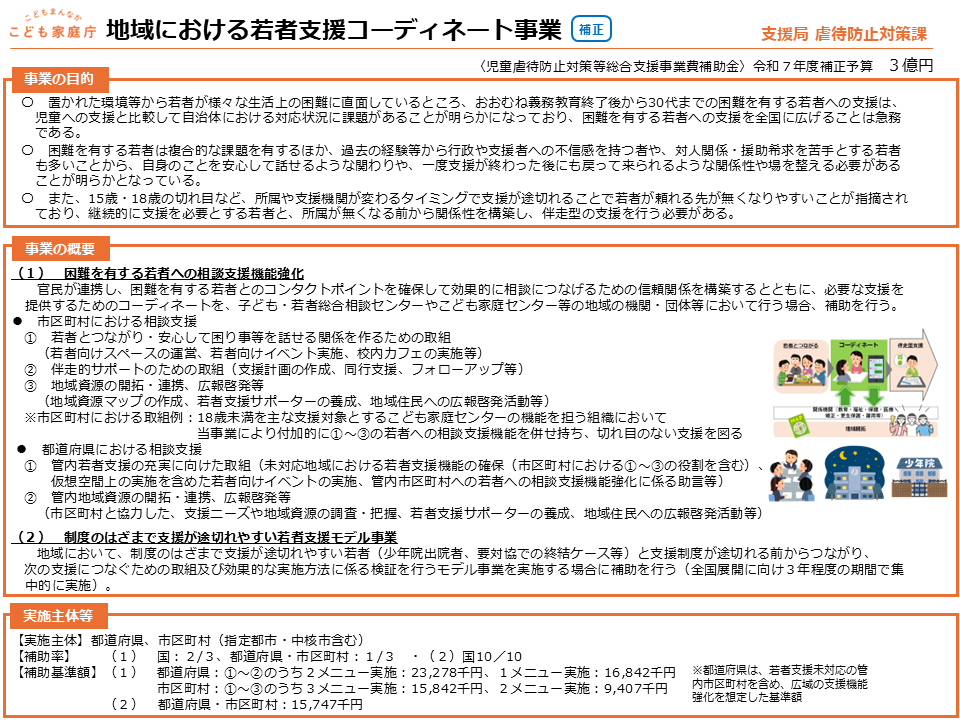 地域における若者支援コーディネート事業の目的、事業の内容、実施主体の説明