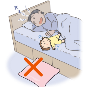 親子がベッドで寝ていて、こどもが落ちそうになっている 下にあるクッションにはバツと記載