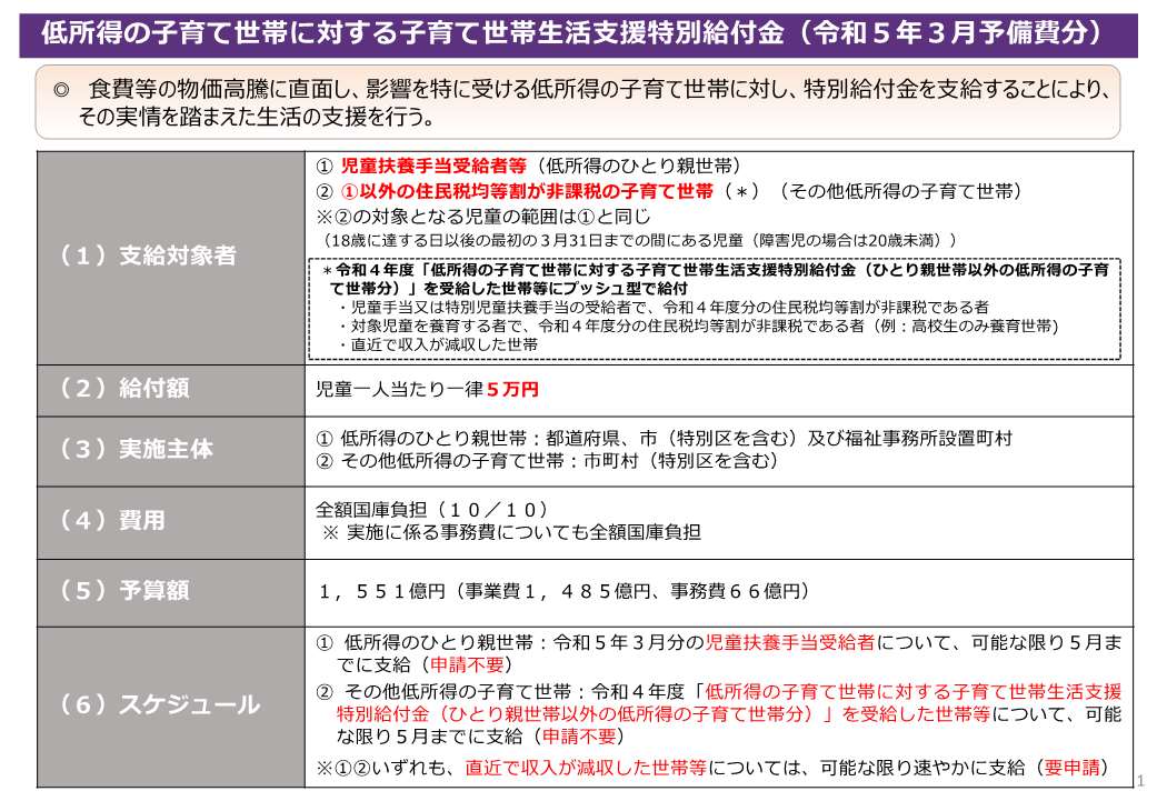 低所得の子育て世帯に対する子育て世帯生活支援特別給付金　全体概要