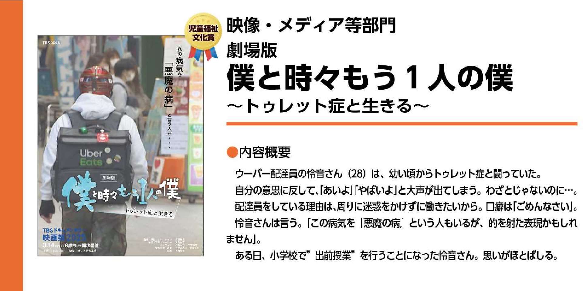 映像・メディア等部門　劇場版 僕と時々もう1 ⼈の僕〜トゥレット症と⽣きる～