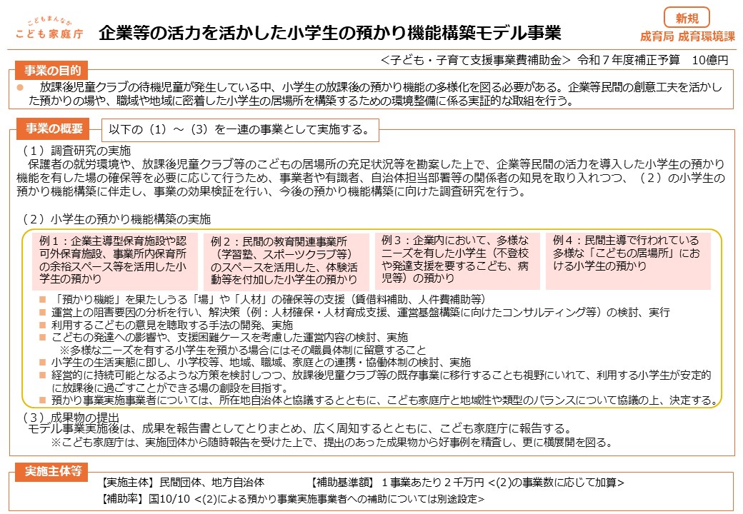企業等の活力を活かした小学生の預かり機能構築モデル事業の概要