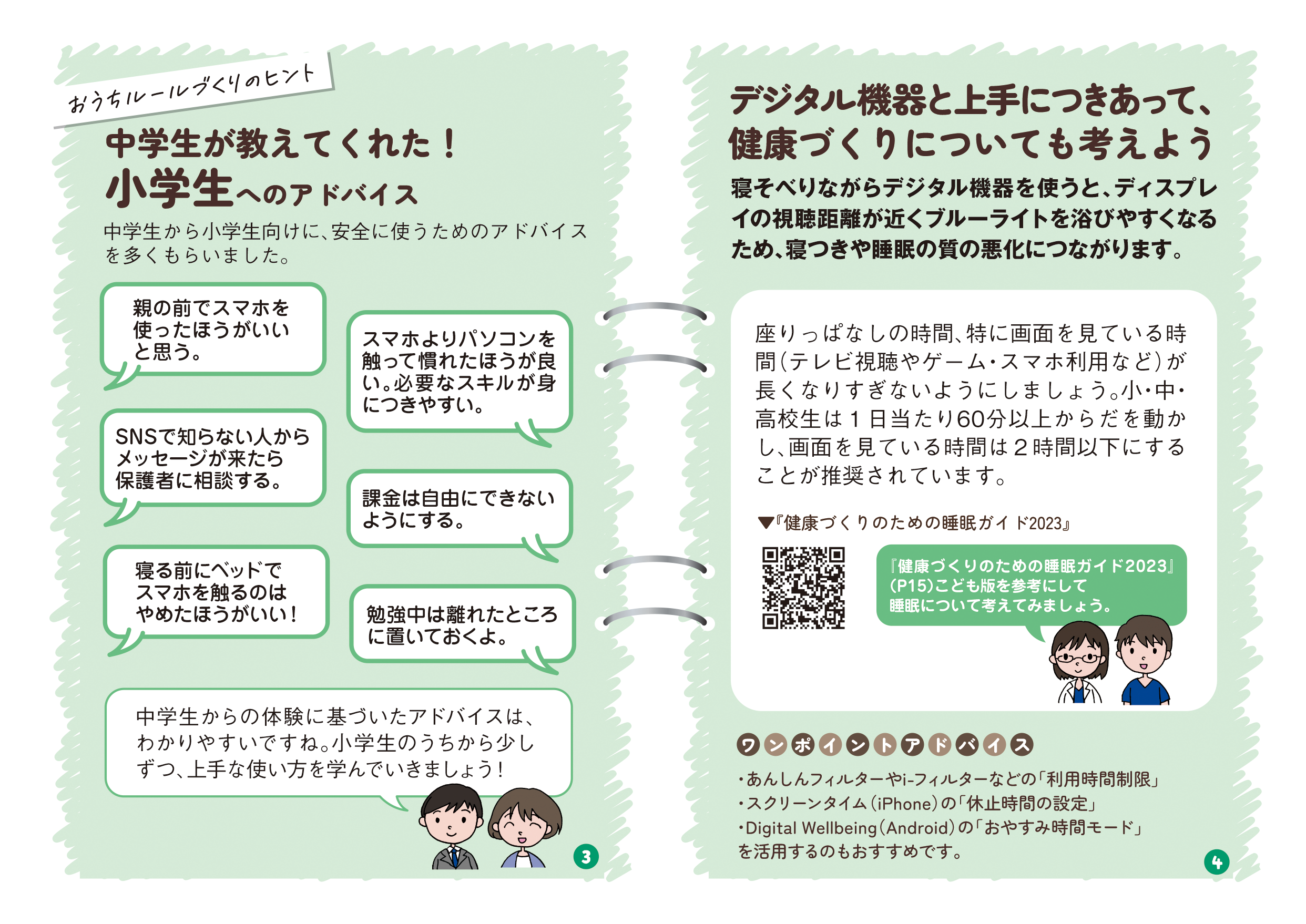 リーフレットの2ページ目の画像です。 タイトル：中学生が教えてくれた！小学生へのアドバイス 本文：中学生A発言：親の前でスマホを使ったほうがいいと思う。 中学生B発言：スマホよりパソコンを触って慣れたほうが良い。必要なスキルが身につきやすい。 中学生C発言：SNSで知らない人からメッセージが来たら保護者に相談する。 中学生D発言：課金は自由にできないようにする。 中学生E発言：寝る前にベッドでスマホを触るのはやめたほうがいい！ 中学生F発言：勉強中は離れたところに置いておくよ。タイトル：デジタル機器と上手につきあって、健康づくりについても考えよう 本文：寝そべりながらデジタル機器を使うと、ディスプレイの視聴距離が近くブルーライトを浴びやすくなるため、寝つきや睡眠の質の悪化につながります。 説明：座りっぱなしの時間、特に画面を見ている時間（テレビ視聴やゲーム・スマホ利用など）が長くなりすぎないようにしましょう。小・中・高校生は1日当たり60分以上からだを動かし、画面を見ている時間は2時間以下にすることが推奨されています。