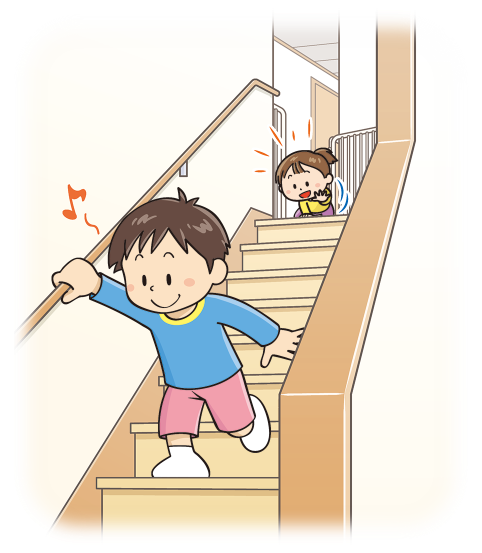 お兄ちゃんが階段を下りていく姿を見てついていこうとしている乳幼児のイラスト
