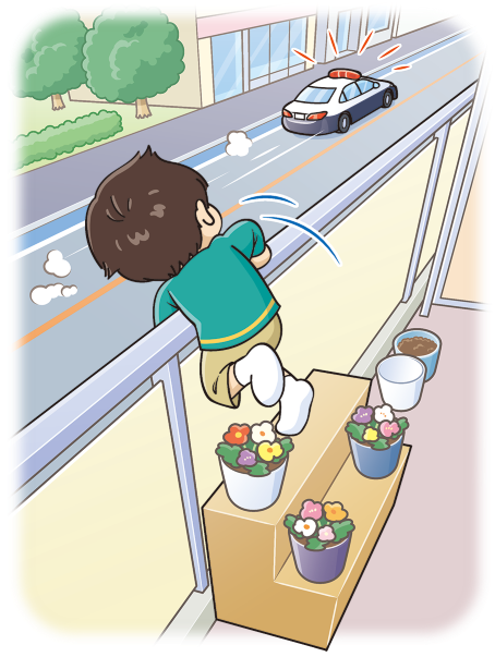 ベランダの花台の上に登り外の道路を走っているパトカーに向かって身を乗り出しているイラスト
