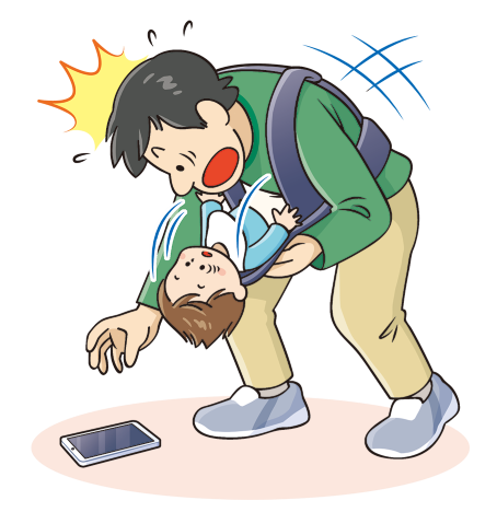 こどもを抱っこしているお父さんが落としたスマホを拾おうとして子供が落ちそうになりびっくりしているイラスト