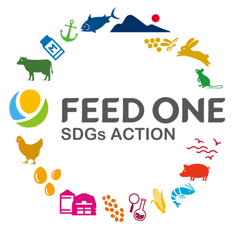 FEED　ONEのロゴ　中心にFEED　ONEの文字周りにカラフルな動物や植物のイラスト