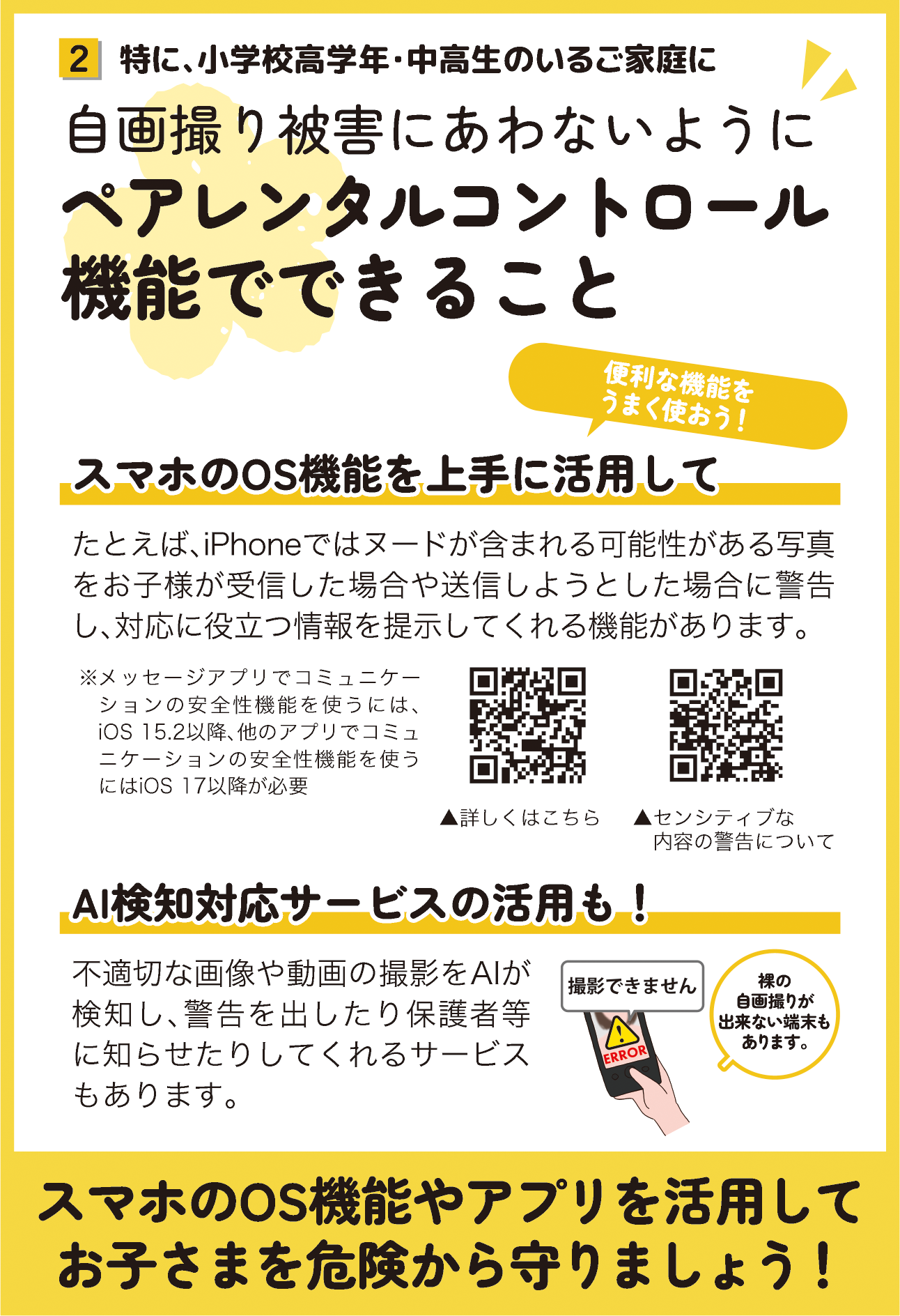 リーフレットの２ページ目の画像です。 （四角２：特に、小学校高学年・中高生のいるご家庭に タイトル：自画撮り被害にあわないようにペアレンタルコントロール機能でできること トピックス１：スマホのOS機能を上手に活用して　便利な機能をうまく使おう！ 本文：たとえば、iPhoneではヌードが含まれる可能性がある写真をお子様が受信した場合や送信しようとした場合に警告し、対応に役立つ情報を提示してくれる機能があります。メッセージアプリでコミュニケーションの安全性機能を使うには、iOS 15.2以降、他のアプリでコミュニケーションの安全性機能を使うにはiOS 17以降が必要。詳しい内容はQRコードを御覧ください。 トピックス２：AI検知対応サービスの活用も！ 本文：不適切な画像や動画の撮影をAIが検知し、警告を出したり保護者等に知らせたりしてくれるサービスもあります。裸の自画撮りが出来ない端末もあります。 まとめ：スマホのOS機能やアプリを活用してお子さまを危険から守りましょう！）