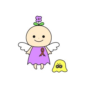 「頭に紫の花をつけ、白い翼とオレンジリボンをあしらった紫色の衣装を着た、天使のような丸頭のキャラクターと、隣に立つ小さな黄色いキャラクターのイラスト」